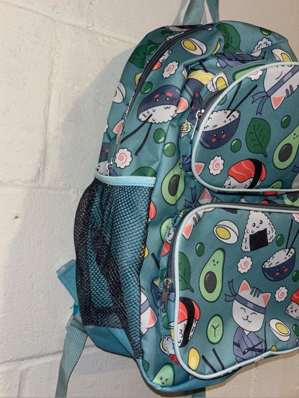 Women’s Sushi Kitty backpack book bag teal green with laptop sleeve